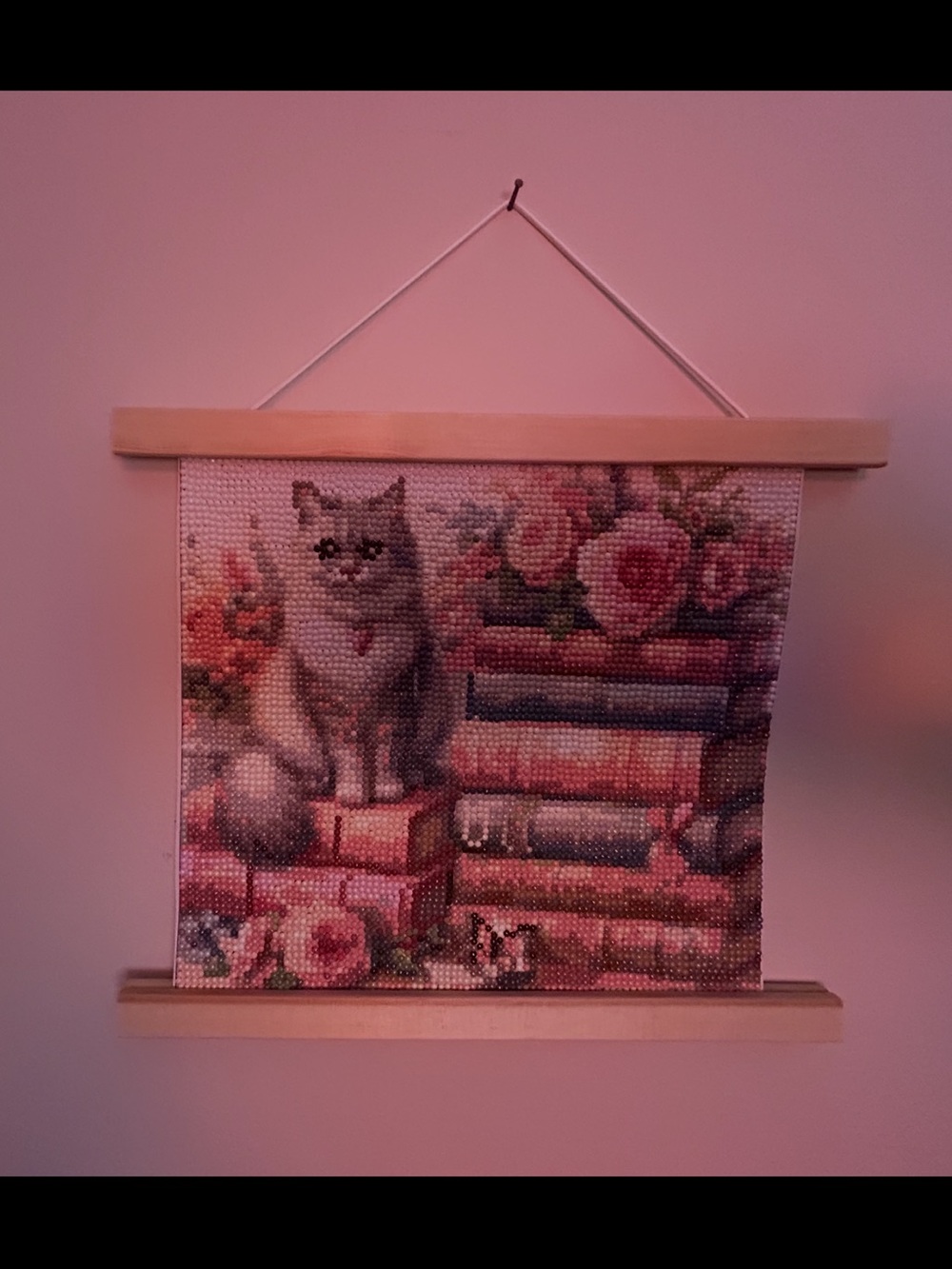 Finished Floral Cat Tapestry Wall Hanging in Pink Diamond art